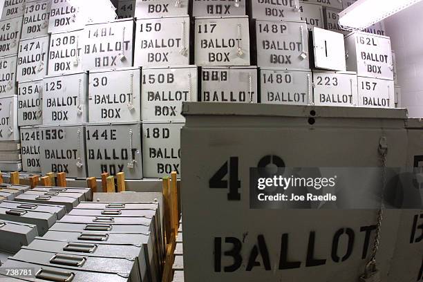 Some of the many controversial 2000 presidential election ballot boxes and voting booths sit in storage November 6, 2001 in Palm Beach, Florida. The...