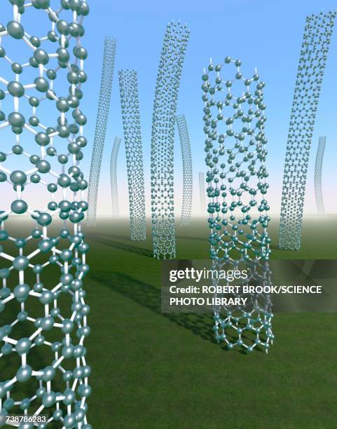 carbon nanotubes growing in grassy plain - fullerene stock illustrations