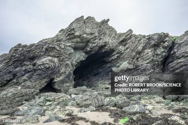 folded rock strata on anglesey, wales - schist stock-fotos und bilder