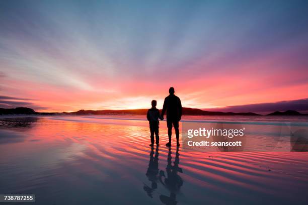 silhouette of a father and son holding hands on beach at sunset, western australia, australia - australia occidental fotografías e imágenes de stock