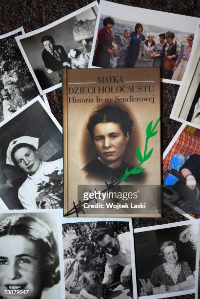 Book cover and photographs are displayed at a reception at which Polish children presented Irena Sendlerowa with the Order of Smiles at Bonifraters...
