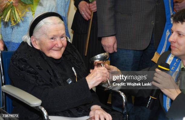 Irena Sendlerowa attends a reception at which Polish children presented her with the Order of Smiles at Bonifraters Monks nursing home on April 11,...