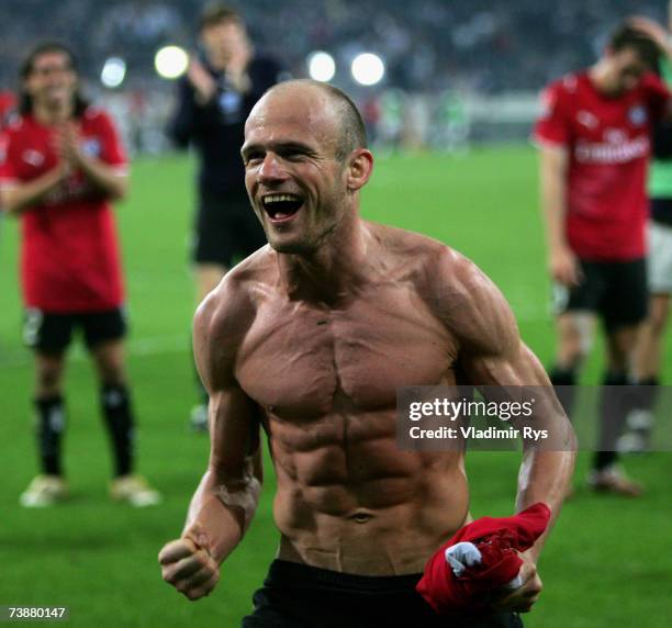 David Jarolim of Hamburg celebrates with his team after winning 0:1 the Bundesliga match between Borussia Monchengladbach and Hamburger SV at the...