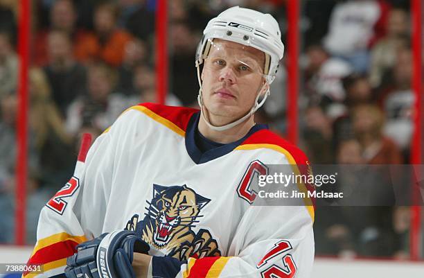 Olli Jokinen of the Florida Panthers looks on against the Philadelphia Flyers during their NHL game on March 20, 2007 at the Wachovia Center in...