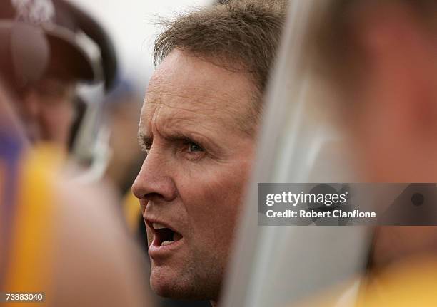 Williamstown coach Brad Gotch talks to his players at the break during the round two VFL match between Williamstown and Port Melbourne at Burbank...