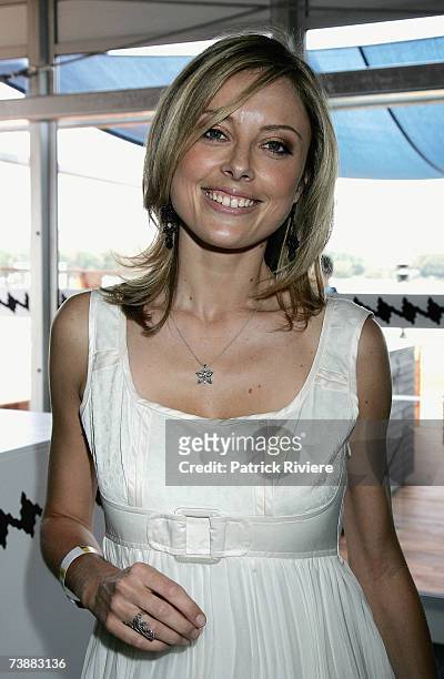 Newsreader Allison Langdon attends the David Jones marquee during the Schweppes Sydney Cup Day, the final day of the 4-day Easter Racing Carnival, at...