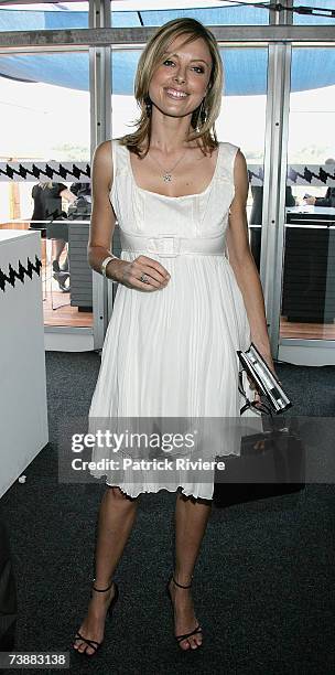 Newsreader Allison Langdon attends the David Jones marquee during the Schweppes Sydney Cup Day, the final day of the 4-day Easter Racing Carnival, at...