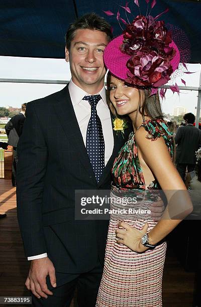 Former rugby league player Luke Ricketson and racing personality Kate Waterhouse attend the David Jones marquee during the Schweppes Sydney Cup Day,...