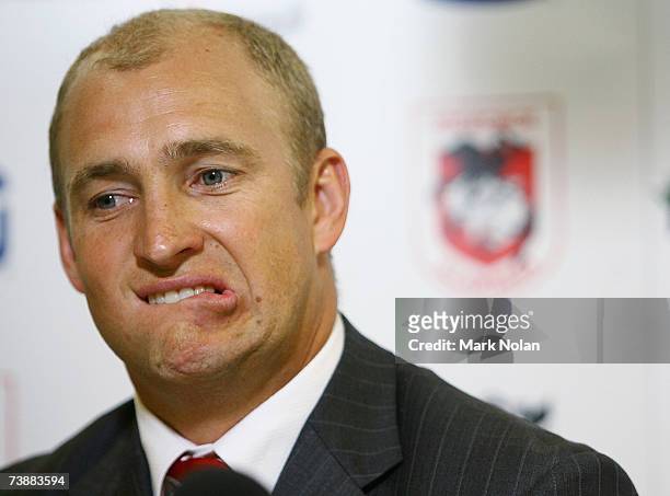 Dragons coach Nathan Brown is pictured in the post match press conference after the round five NRL match between the St George Illawarra Dragons and...