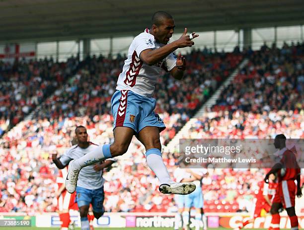 Luke Moore of Aston Villa celebrates his goal during the Barclays Premiership match between Middlesbrough and Aston Villa at the Riverside Stadium on...