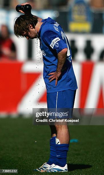 Filip Trojan of Bochum looks disappointed after losing 1-2 the Bundesliga match between VFL Bochum and Hertha BSC Berlin at the Rewirpower stadium on...