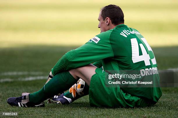 Jaroslav Drobny of Bochum looks disappointed after losing 1-2 the Bundesliga match between VFL Bochum and Hertha BSC Berlin at the Rewirpower stadium...