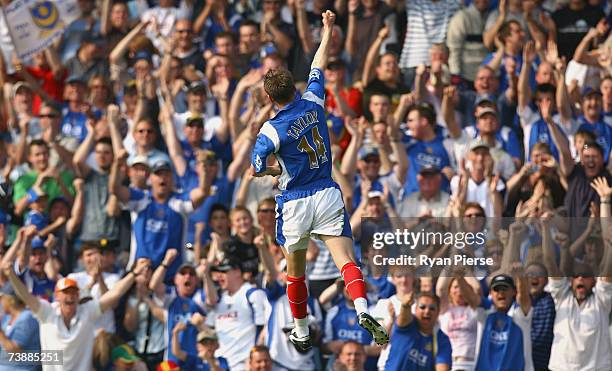 Matthew Taylor of Portsmouth celebrates after scoring his teams second goal during the Barclays Premiership match between Portsmouth and Newcastle...