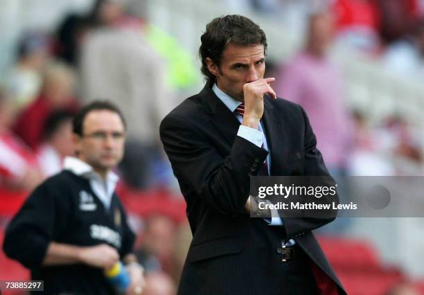 Gareth Southgate, manager of Middlesbrough looks on during the Barclays Premiership match between Middlesbrough and Aston Villa at the Riverside...