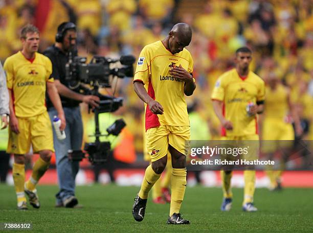 Damien Francis of Watford walks off after the final whistle during the FA Cup Semi Final sponsored by E.ON between Watford and Manchester United at...