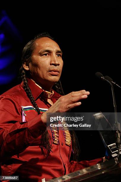 Actor Morris Birdyellowhead receives a Best Supporting Actor Award for his role in the film "Apocalypto" at the 15th Annual First Americans in the...
