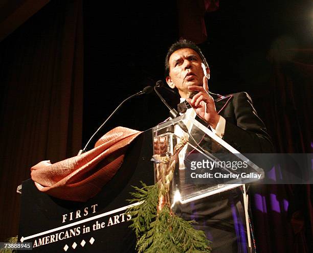 Actor Wes Studi delivers speaks at the 15th Annual First Americans in the Arts Awards ceremony at the Beverly Hilton Hotel on April 14, 2007 in Los...