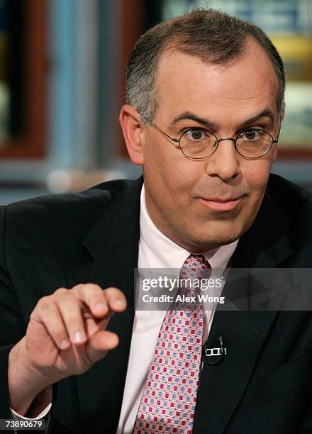 Columnist David Brooks of New York Times speaks during a taping of "Meet the Press" at the NBC Studios April 15, 2007 in Washington, DC. Brooks spoke...