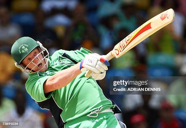 Ireland's Kevin O'Brien plays a shot against Bangladesh during the Super-Eight ICC World Cup cricket match at the Kensington Oval in Bridgetown...