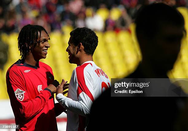 Brazilian players Jo of PFC CSKA Moscow and Ricardo Jesus of PFC Spartak Nalchik talk to each other during the Russian Football League Championship...