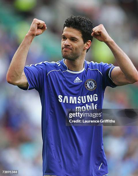 Michael Ballack of Chelsea celebrates his team's victory at the end of the FA Cup sponsored by E.ON Semi Final match between Blackburn Rovers and...