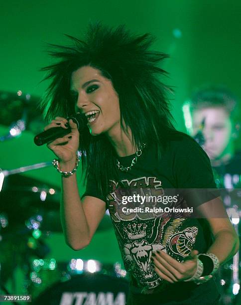 Singer Bill Kaulitz of German pop group "Tokio Hotel" performs on stage during a concert at the Festhalle on April 15, 2007 in Frankfurt, Germany.