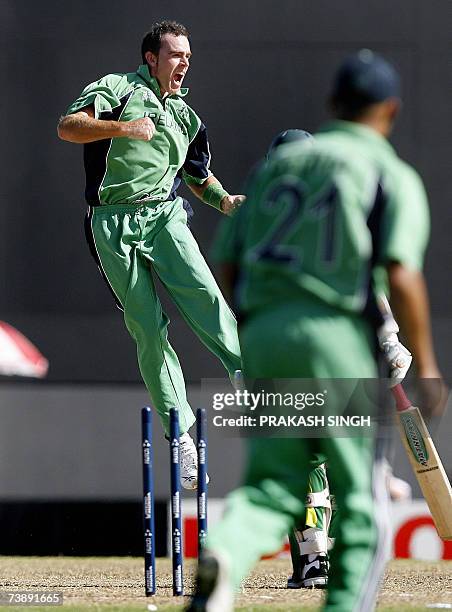 Ireland's Captain Trent Johnston celebrates the wicket of Bangladesh's Tamim Iqbal, during the Super-Eights ICC World Cup cricket match at the...