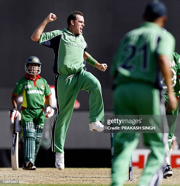 Ireland's Captain Trent Johnston celebrates the wicket of Bangladesh's Tamim Iqbal, during the Super-Eights ICC World Cup cricket match at the...