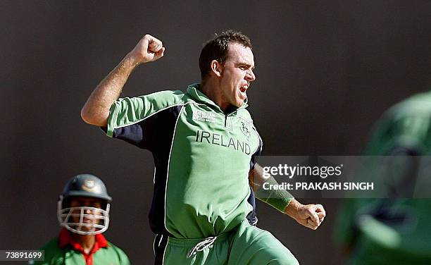 Ireland's Captain Trent Johnston celebrates the wicket of Bangladesh's Tamim Iqbal , during the Super-Eights ICC World Cup cricket match at the...