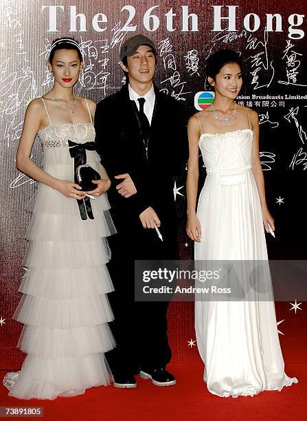 Hong Kong actress Isabella Leong, actor Jaycee Chan, and Clarlene Choi arrive to the 26th Hong Kong Film Awards at the Hong Kong Cultural Centre on...