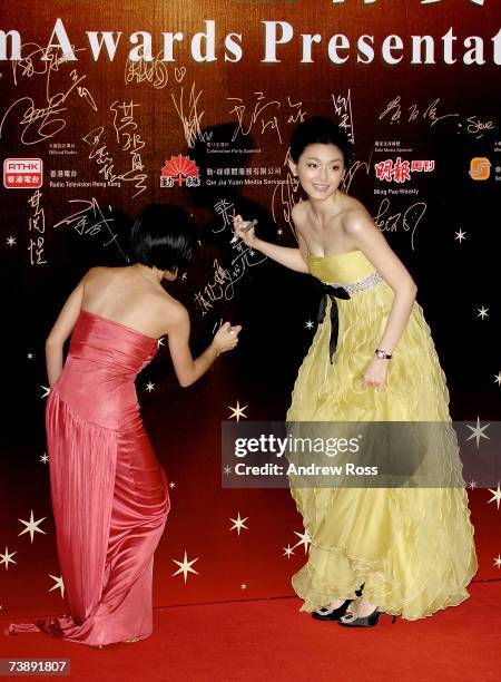 Taiwanese actress Barbie Hsu and Dee Hsu arrive to the 26th Hong Kong Film Awards at the Hong Kong Cultural Centre on April 15, 2007 in Hong Kong,...