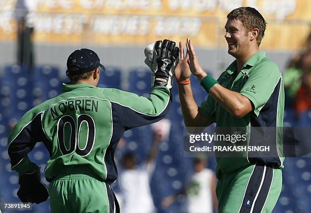 Ireland's Boyd Rankin celebrates the wicket of Bangladesh's Mohammad Ashraful with Wicket Keeper Niall O'Brien , during the Super-Eights ICC World...