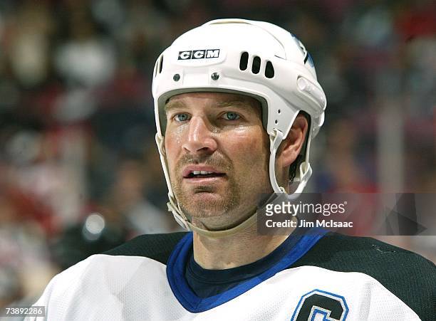 Tim Taylor of the Tampa Bay Lightning watches play during Game 2 of the 2007 Eastern Conference Quarterfinals against the New Jersey Devils on April...