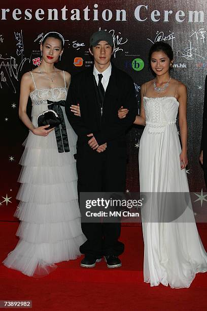 Actress Isabella Leong, Jaycee Cha and Charlene Choi arrive at the 26th Hong Kong Film Awards at the Hong Kong Cultural Centre on April 15, 2007 in...