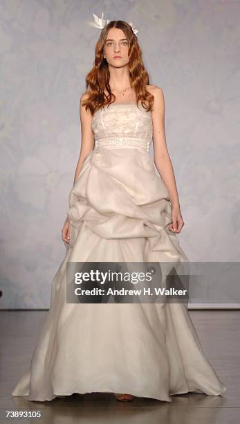 Model walks the runway at the Monique Lhuillier Bridal Show on April 15, 2007 in New York City.