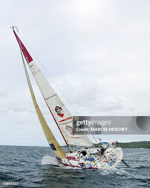 Marie-Galante, FRANCE : French skipper Thomas Rouxel on his "Defi Mousquetaire" monohull, arrives in the second place at the "Trophee BPE" sailing...