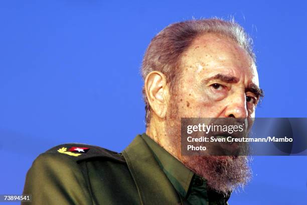 Fidel Castro speaks during a political rally July 26, 2006 in Holguin, Cuba on the day when Cuba celebrates the anniversary of Castro's attack on the...