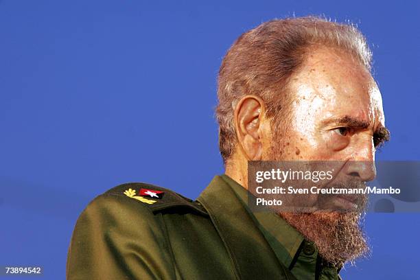 Fidel Castro speaks during a political rally July 26, 2006 in Holguin, Cuba on the day when Cuba celebrates the anniversary of Castro's attack on the...