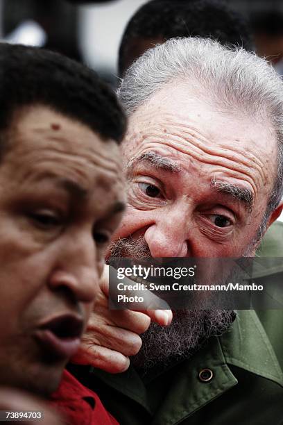 Fidel Castro talks with President of Venezuela Hugo Chevaz talk to the media before Chavez's departure from Cuba, after his 4 day visit to Cuba,...