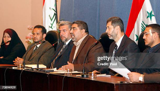 Nassar Al-Rubai , a spokesman for the al-Sadr parliamentary bloc, addresses the media during press conference April 16, 2007 in Baghdad, Iraq....