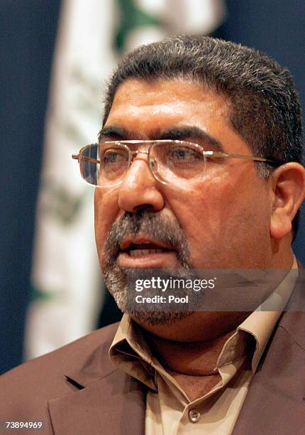 Nassar Al-Rubai, a spokesman for the al-Sadr parliamentary bloc, addresses the media during press conference April 16, 2007 in Baghdad, Iraq....