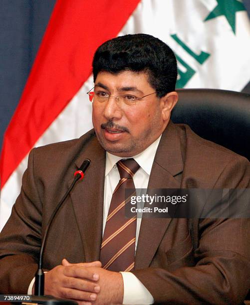 Resigning Minister from the al-Sadr parliamentary bloc, Saeed Al-Hashimi, addresses the media during press conference April 16, 2007 in Baghdad,...