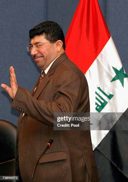 Resigning Minister from the al-Sadr parliamentary bloc, Saeed Al-Hashimi, bids farewell to the media following a press conference April 16, 2007 in...