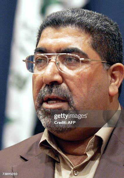 Head of al-Sadr parliamentary bloc Nassar al-Rubaie speaks during a press conference in Baghdad, 16 April 2007 in which he announced his departure...