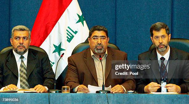 Nassar Al-Rubai , a spokesman for the al-Sadr parliamentary bloc, addresses the media during press conference April 16, 2007 in Baghdad, Iraq....