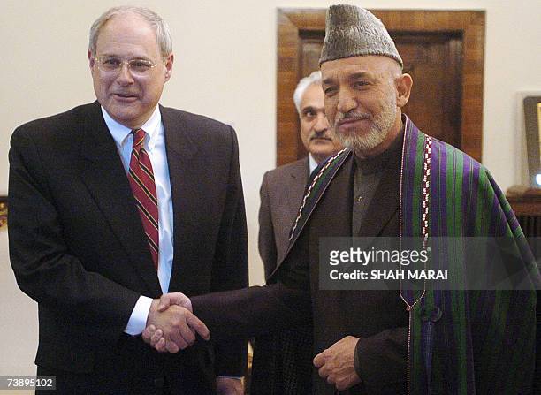 Afghan President Hamid Karzai shakes hands with the newly-appointed US Ambassador to Afghanistan William B. Wood prior to their meeting, at the...