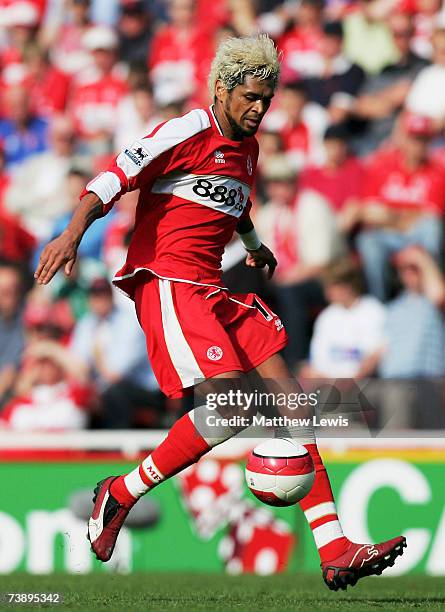 Abel Xavier of Middlesbrough in action during the Barclays Premiership match between Middlesbrough and Aston Villa at the Riverside Stadium on April...