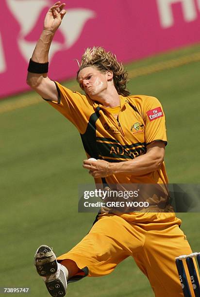 St. George's, GRENADA: Australian cricketer Nathan Bracken bowls during the ICC Cricket World Cup Super Eight match against Sri Lanka at the Grenada...