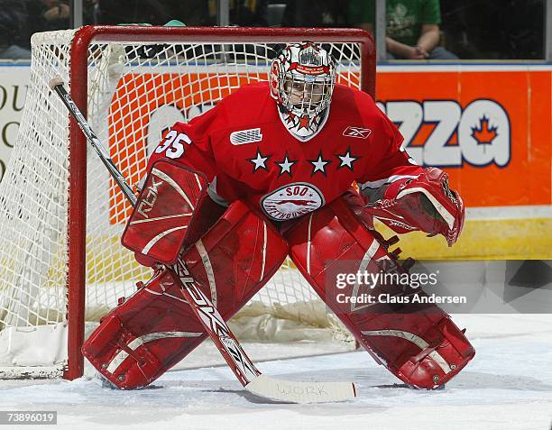 Kyle Gajewski of the Sault Ste. Marie Greyhounds eyes the play in game five of the Western Conference semifinal against the London Knights at the...