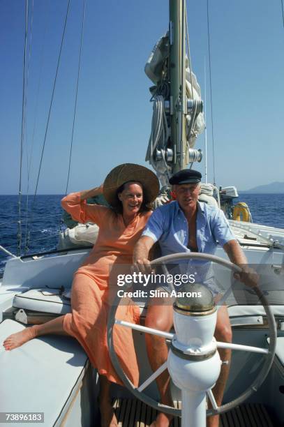 Henry Bentivoglio Middleton and his wife arrive at Porto Cervo harbour on their Ocean 71 yacht Miss Two, Sardinia, September 1978.